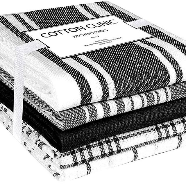Cotton Clinic 16x28 Set of 5 Ring Spun Cotton Kitchen Dish Tea Bar and Cleaning Towels with Hanging Loop, Black White