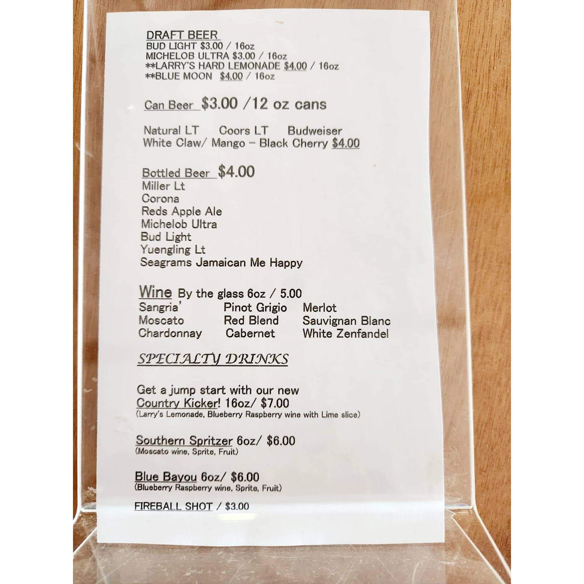 Drink options and prices from the venue.