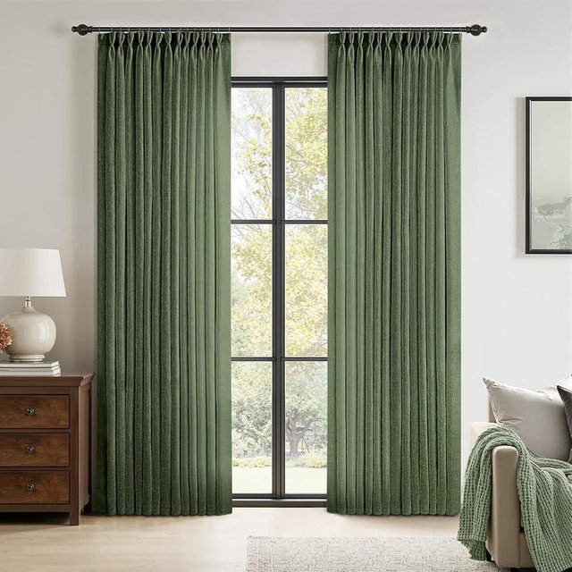 MIULEE Pinch Pleated Olive Green Linen Curtains 90 Inches Long 2 Panels for Bedroom Living Room, Soft Thick Linen Textured Window Drapes Back Tab Hooks Semi Sheer Light Filtering Dark Green Decor