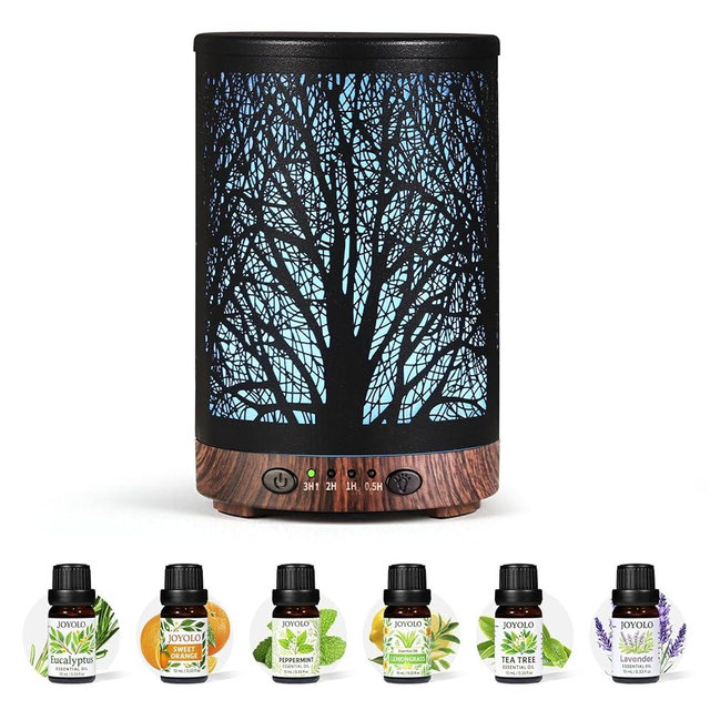 JOYOLO Oil Diffuser with Essential Oils Set, Aromatherapy Diffuser with 7 Color Lights and Auto Shut-Off, Cool Mist Diffuser with 6 Oils Gift Pack for Home Office (Tree with Oils)