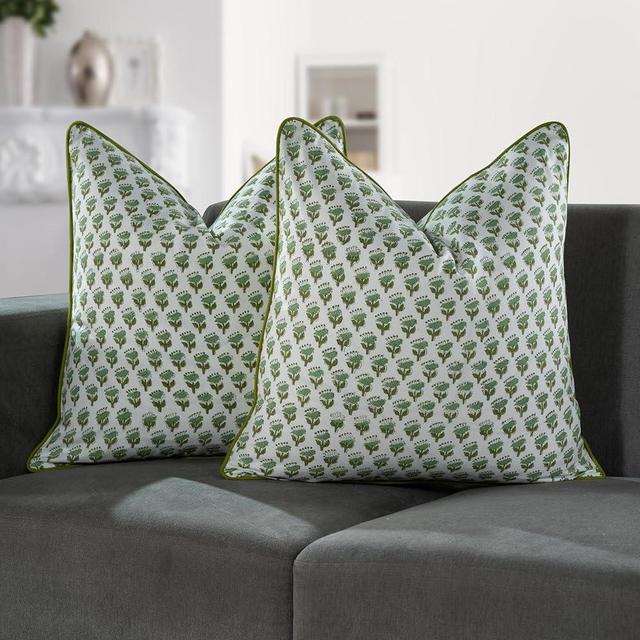 CPC 100% Cotton Throw Pillow Covers 18x18 Inch, Set of 2 Green Block Print Pattern Couch Pillow, Cute Boho Decorative Pillows for Living Room, Bedroom with Hidden Zipper- Emerald Green