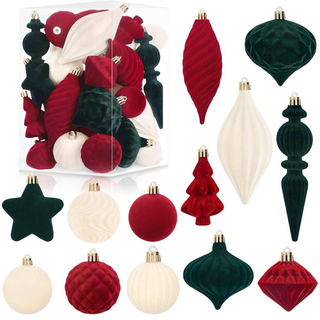 Ouddy Party 30PCS Velvet Christmas Ball Ornaments Set, Flocked Shatterproof Plastic Assorted Christmas Xmas Tree Decorations, Red Green Large Hanging Balls Ornaments for Home Party Holiday Decor
