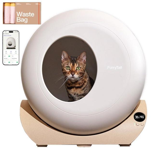 FurryTail Self Cleaning Litter Box with APP - Automatic Cat Litter Box for All Your Cats, Odor Control, Spacious Interior and Large Wastes Bin Capacity, Includes 1 Year Supply of Litter Bags (80)