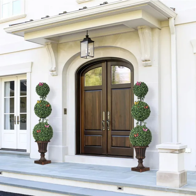 Set of 2 Artificial Triple Ball Topiary Trees with Pot for Home Offices Porch Decor