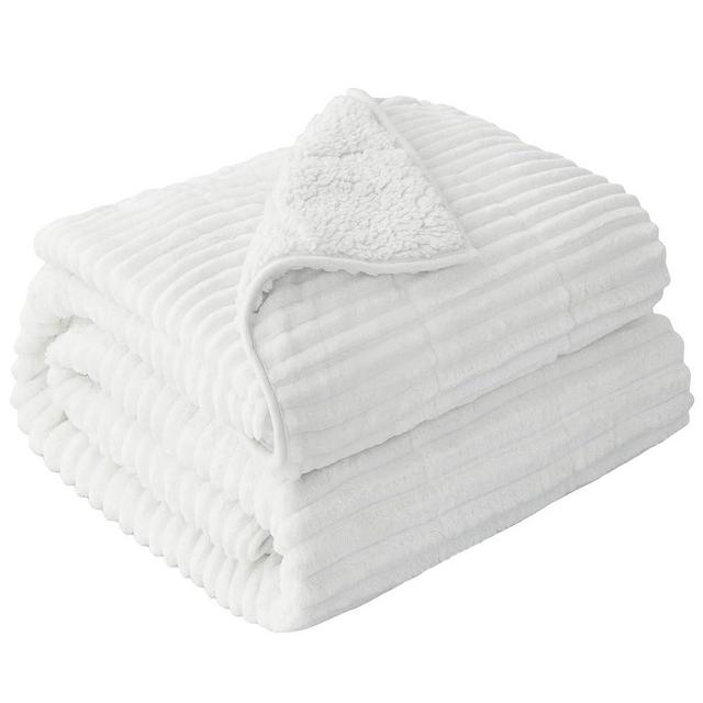 Pawque Sherpa Weighted Blanket Queen Size(15 lbs, 60'' x 80'', Cream White), Thick Fuzzy Weighted Throw Heavy Blankets with Ribbed Stripes, Dual Sided Plush Weighted Blanket with Beads for Bed Sofa