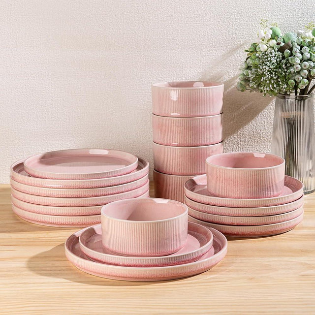 GBHOME Stoneware Dinnerware Sets, Scratch Resistant, Microwave & Dishwasher Safe, Reactive Glaze, Plates and Bowls Set for 4 (12Pieces),Blush Veil