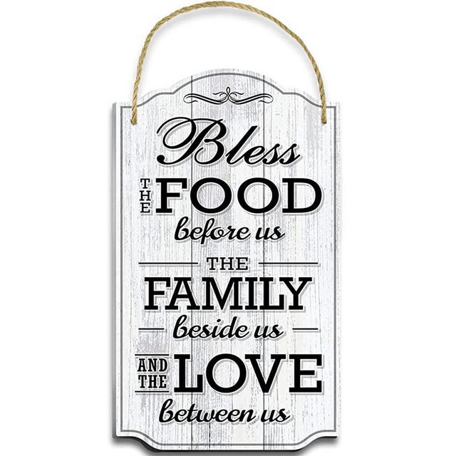 Bless Our Family Food Love Sign by Bigtime Signs - Heart Warming Quote - Strong PVC with Rope for Hanging - Country, Rustic House, Kitchen, Dining Wall Decor - Housewarming, Home Gifts - 8.5x14.5 Inch (White)