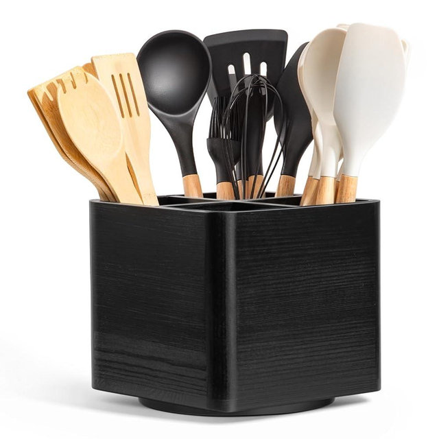NACIMAX Extra Large Rotating Utensil Holder for Kitchen Counter, Wooden Utensil Holder with 4 Compartments, Black