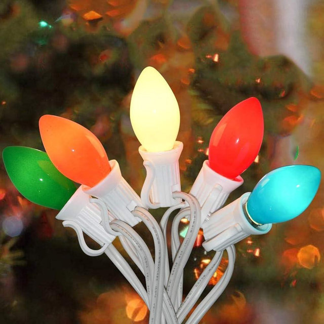 Romasaty C7 Christmas Lights Outdoor, 25Ft Vintage Christmas String Lights with 27 Multicolor Ceramic Bulbs, Hanging Christmas Decorations Lights for Xmas Tree Roofline House Garden Patio Yard-White