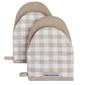 KitchenAid Gingham Mini Oven Mitt 2-Pack Set, Milkshake Tan, 5.5"x8"