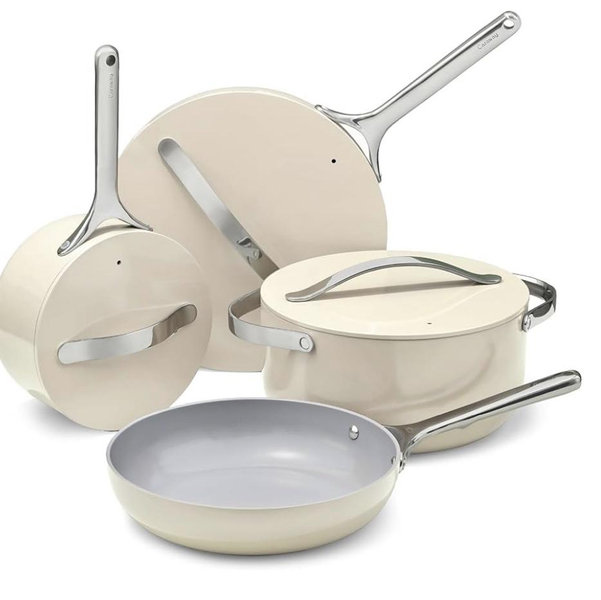Caraway Non-stick Ceramic Cookware Set (12 Piece) Pots, Pans, Lids and Kitchen Storage - PFAS & PFOA Free - Oven Safe Pan Set & Compatible with All Stovetops - Cream