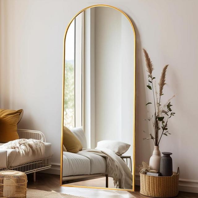 Rowjut Floor Mirror, 64"x21" Arched Full Length Mirror, Mirror Full Length Standing Hanging or Leaning Against Wall, Freestanding Full Body Mirror, Wall Mounted Mirror with Thin Aluminum Frame (Gold)