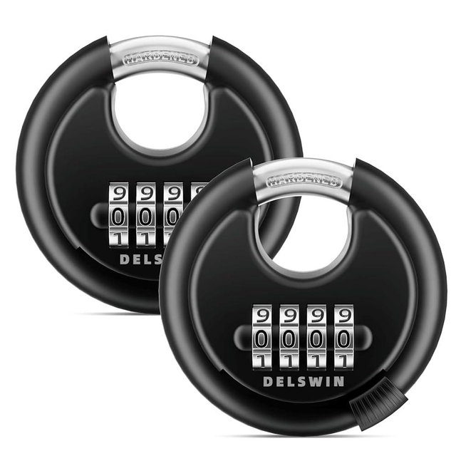 DELSWIN 4-Digit Disc Combination Lock Outdoor - Heavy Duty Combination Padlocks with Hardened Steel Shackle Weatherproof Combo Locks for Gates,Sheds,Fence,Storage Unit (3/8" Shackle, Black,2 Pcs)