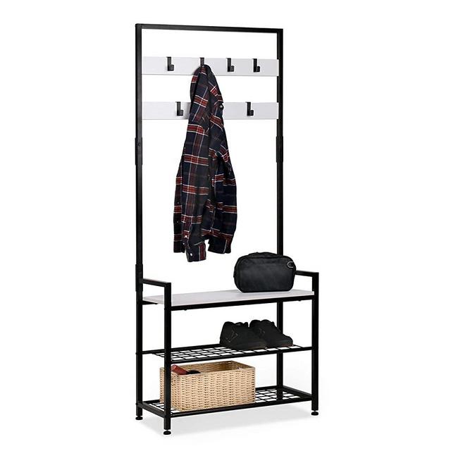 HOMEKOKO Entryway Hall Tree Storage Shelf, Coat Rack Shoe Bench, Wood Look Accent Furniture with Metal Frame, 3 in 1 Design