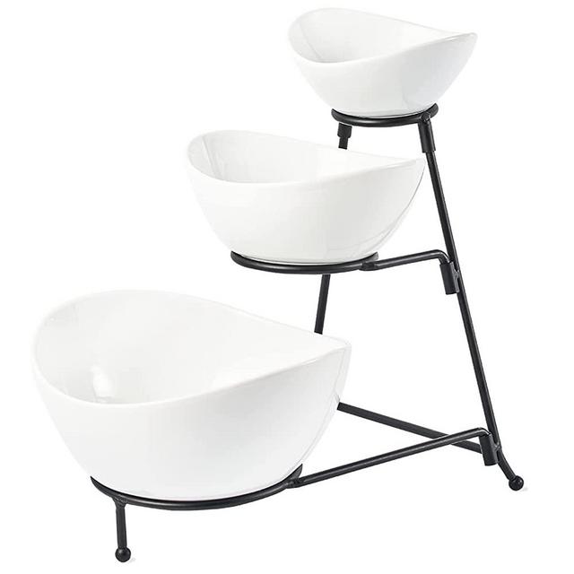 LYEOBOH 3 Tier Oval Bowl Set with Collapsible Thicker Metal Stand, 3 Oval Porcelain Bowls Set and Tiered Serving Rack for Dessert Candy Chip Dip (Black)
