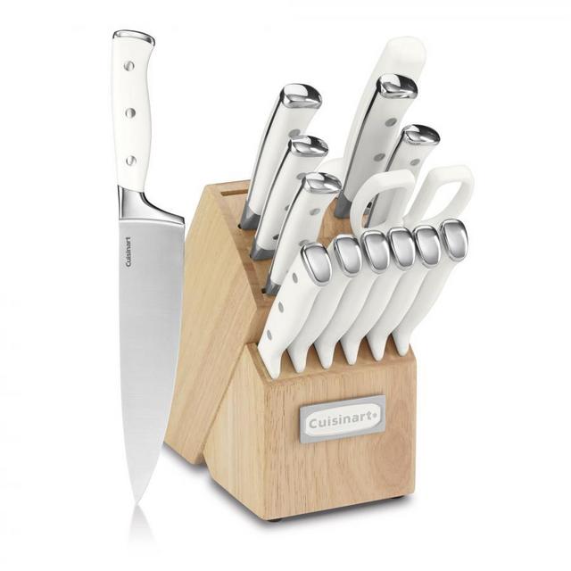 Cuisinart Classic Forged Triple Rivet 15-Piece Cutlery Set with Block, White and Stainless