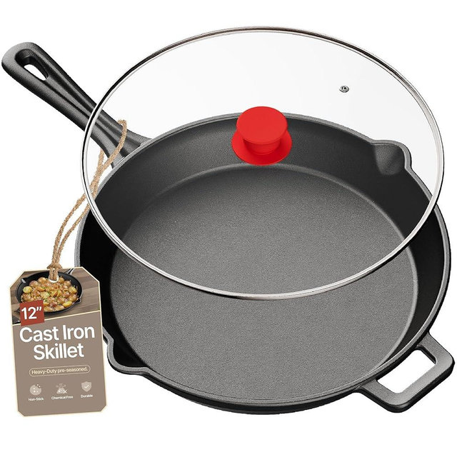 Bakken Pre Seasoned Cast Iron Skillet with Glass Lid & Silicone Handle,12" Frying Pan for Stove, Oven, Grill & Induction, Even Heat Distribution, Versatile All-Purpose Cookware for Searing & Frying