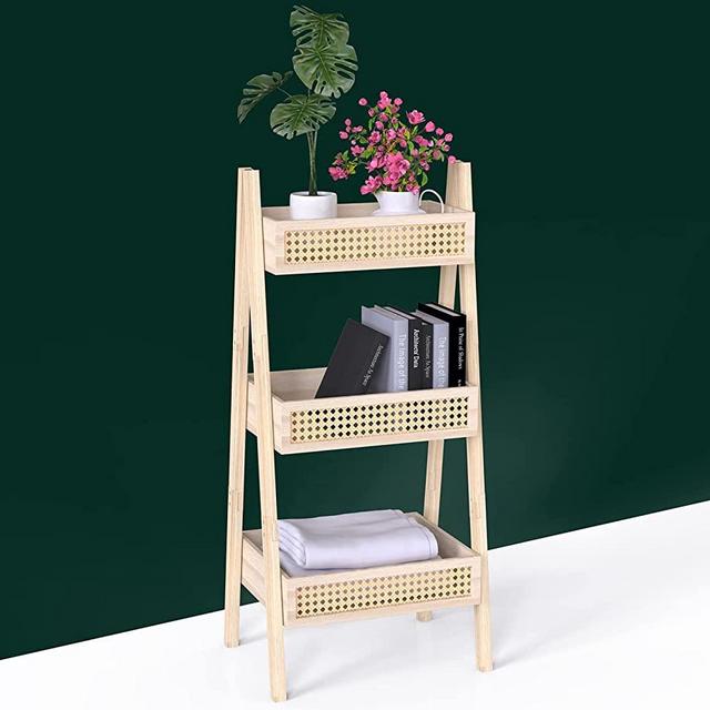 Ladder Bookshelf, 3-Tier Industrial Rattan Bookshelf,Free Standing Bookcase,Wood Organizer Storage Shelves,Book Shelf Case Night Stand for Living Room Bedroom Kitchen Bathroom Balcony Home Office