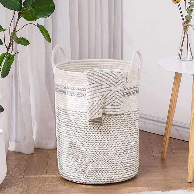 YOUDENOVA Woven Rope Laundry Hamper with Handles, Tall Laundry Basket for Blanket Storage, Heavy Duty Clothes Hamper for Bedroom-58L-Large-White