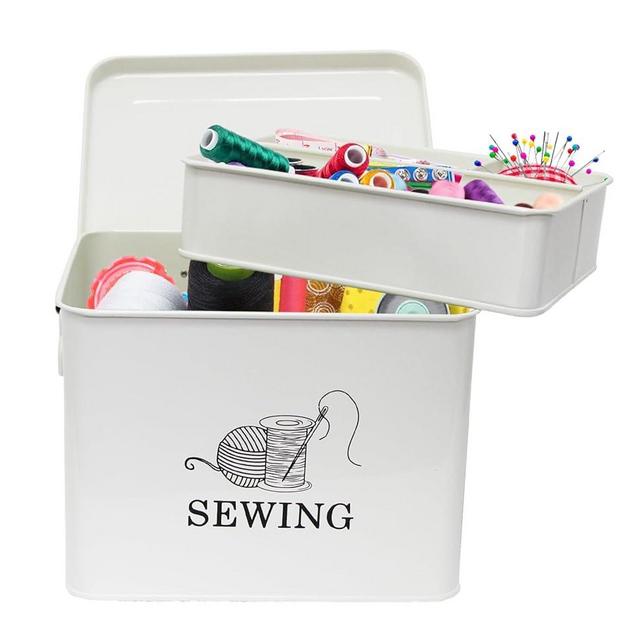 Xbopetda Industrial White 2-Tier Sewing Box, 9.2" x 7.2" x 7" - Sewing Supplies Organizer with Removable Tray & Reinforced Handles