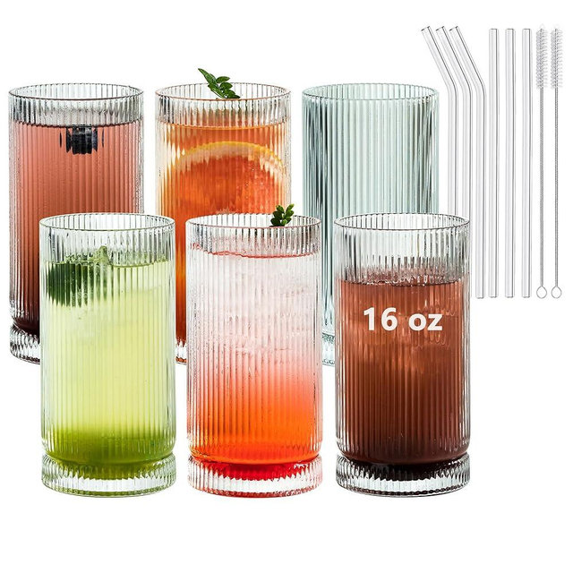 KEMORELA Ribbed Glassware Set of 6, Origami Style 16 Oz XL Drinking Glasses with Straws, Vintage Glassware Set - Glass Cups, Iced Coffee Cups Perfect for Cocktails, Smoothies, Juice, Beer