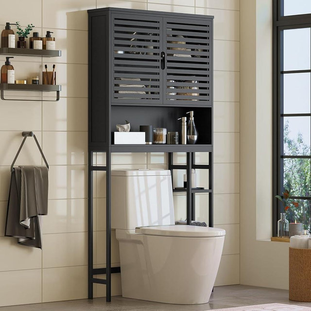 Halitaa Over The Toilet Storage Cabinet, Bamboo Bathroom Cabinet with Adjustable Inside Shelf and Open Shelves, Freestanding Space-Saving Toilet Rack with Anti-Tip Design for Bathroom, Laundry, Black