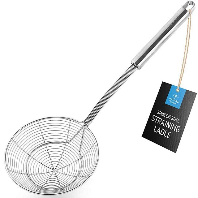 Zulay (5.4 Inch) Stainless Steel Strainer - Spiral Wire Mesh Skimmer Spoon Ladle With Long Handle - Reinforced Double Coil Slotted Spoons For Cooking and Frying