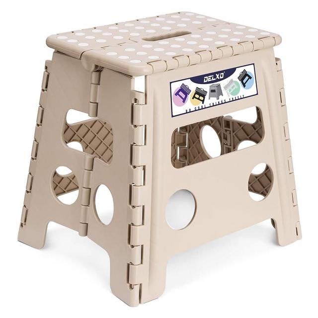 Delxo Office Step Stool, 13 inch Non-Slip Foldable Stools for Adults Up to 300 LBS, Step Stool with Handle, Lightweight for Kitchen, Bathroom, Bedroom, Office, Khaki, 1PC