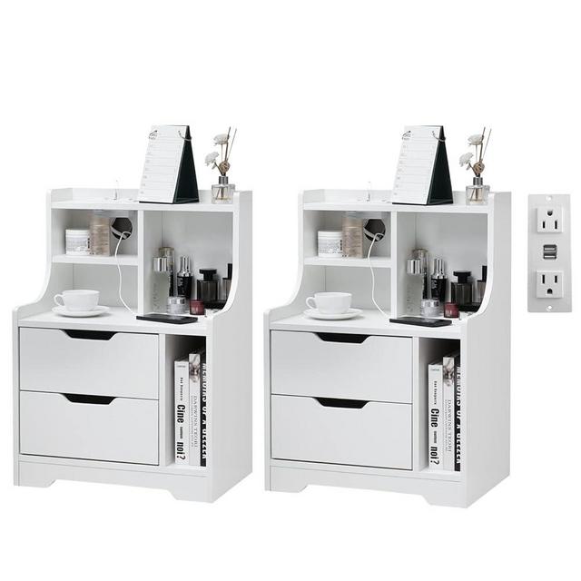 ARTETHYS White Nightstand with Charging Station Set of 2, 2 Drawer Sofa End Table with USB Ports and Outlets Nightstand with Shelf for Bedroom