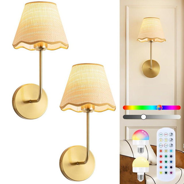 ADISUN Battery Operated Wall Sconce Set of 2, Gold Wall Lamps for Living Room, Rechargeable Bulbs, RGB. Rattan Shade Wireless Wall Lights for Bedroom Living Room Hallway Kitchen(Bulbs Included)