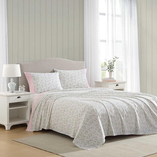 Laura Ashley - Queen Sheet Set, Crisp & Cool Cotton Percale Bedding with Deep Pockets, Lightweight for Year Round Comfort, Bed Sheets with Matching Pillowcases (Bonnie Pink/Beige)