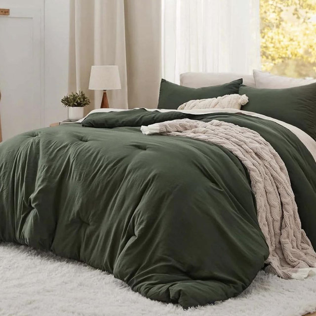 Prewashed Plain Comforter Set - Olive Green Oversized King