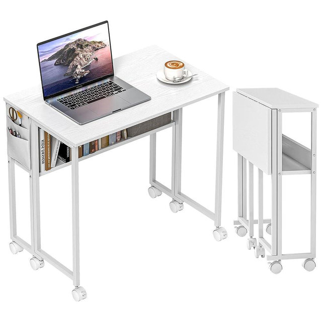 HOMCOM Small Folding Desk, Rolling Computer Desk Foldable with Storage Bag and Shelf, 31.5" Portable Writing Table on Wheels for Small Spaces, Home Office, Study, Easy Assembly, White