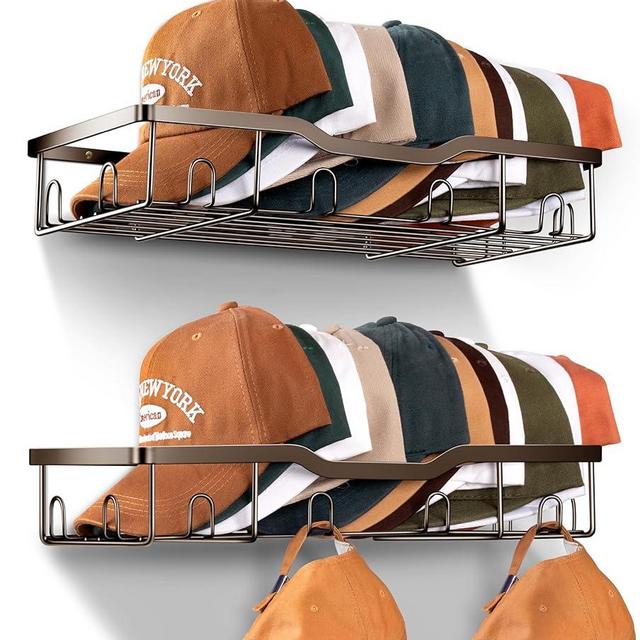 KEETDY Metal Hat Racks for Wall Baseball Cap Organizer Fit 20 Caps Holder, 2 Packs Sturdy Wall Mounted Hat Storage Organizer, Brown