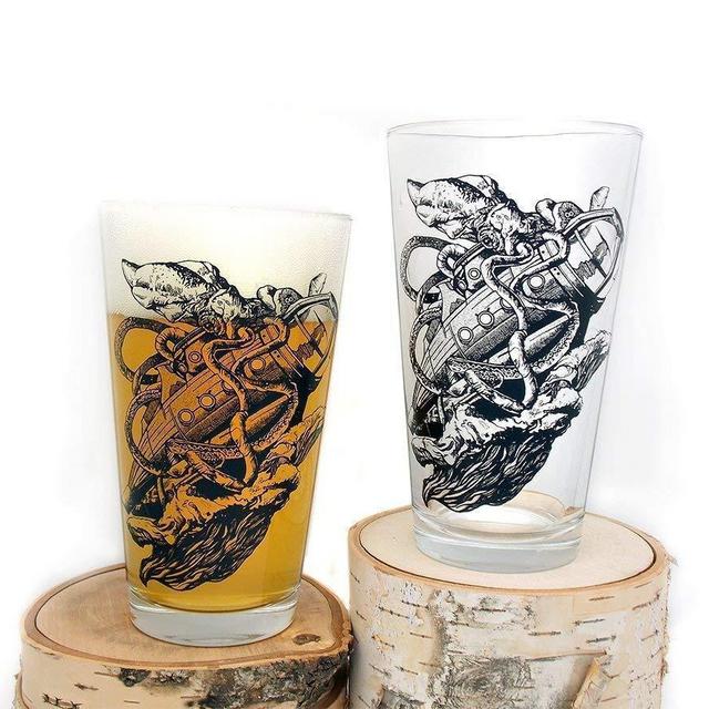 Pint Glasses by Black Lantern – Handmade Craft Beer Glasses and Bar Glassware – Kraken Sinking Submarine Design (Set of Two 16oz. Glasses)