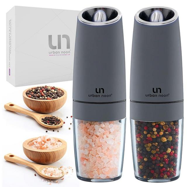 Urban Noon Gravity Salt and Pepper Grinder Set - Battery Operated Electric Grinders with Light (2 Matte Gray Mills) - Automatic One Handed Operation - Electronic Adjustable Shakers - Ceramic Grinders