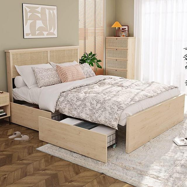 Yechen Queen Bed Frame with Natural Rattan Headboard and Wooden 4 Storage Drawers/Footboard, Metal Platform with Strong Wooden Slats Support, Boho Cane Bed Mattress Foundation, No Box Spring Needed