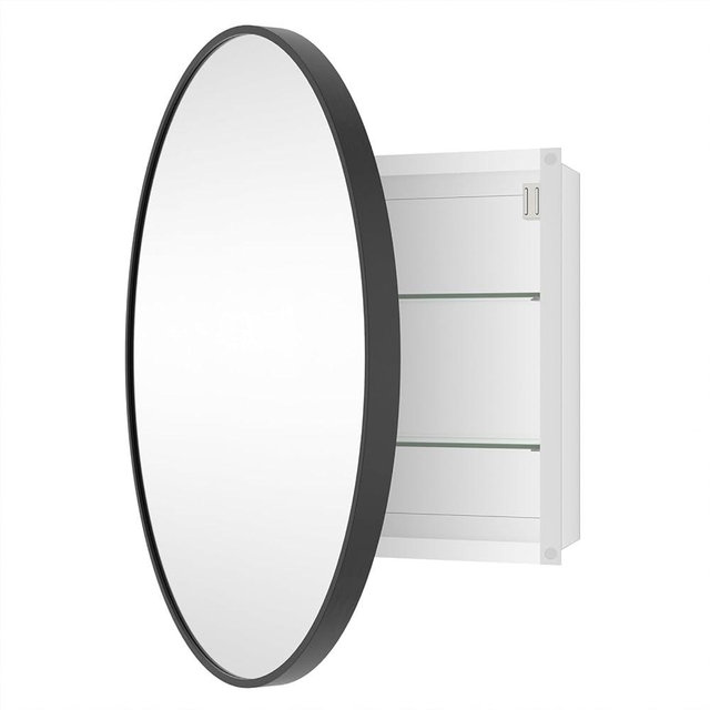 HOMECOOKIN Bathroom Medicine Cabinet with Mirror, Black Round Mirror Medicine Cabinet, Wall Mounted Aluminum Alloy Metal Framed, Surface Mount, 24 Inch