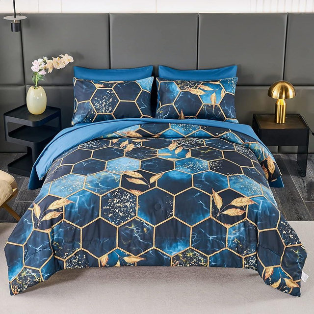 ANGIYUIN 7 Pieces Blue Gold Marble King Comforter Set, 3D Geometric Hexagon King Size Bedding Sets, Modern Blue Foil Print Bed Sets for All Season (Blue King)