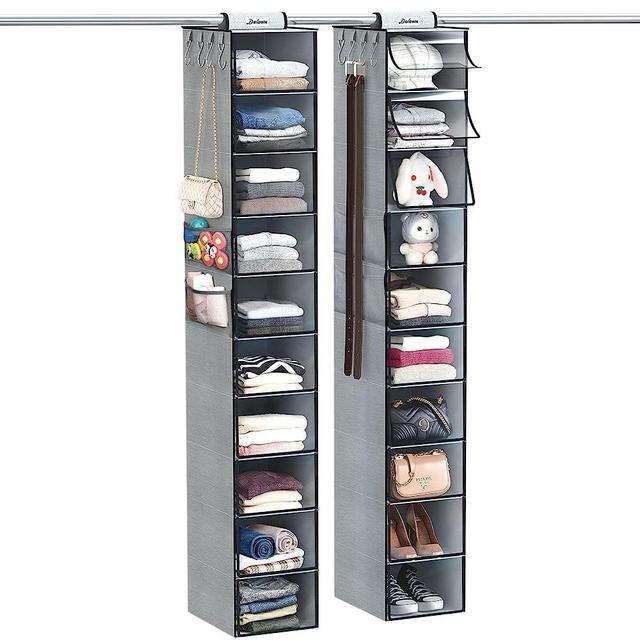 DOIOWN Hanging Closet Organizer and Storage 2 Pack: Upgraded 10 Shelf Closet Hanging Organizer with Clear Cover and Side Pockets,Hanging Closet Shelves Closet Organizers,Hanging Shelves for Closet