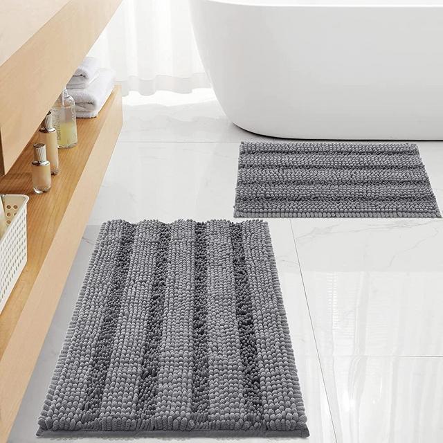 FLOLEOPA Non Slip Thick Shaggy Chenille Grey Bathroom Rug Sets 2 Piece, Thickened Hot Melt Rubber Bottom Bath Mats for Bathroom,Bath Rugs Quick Dry Machine Washable for Shower Mat