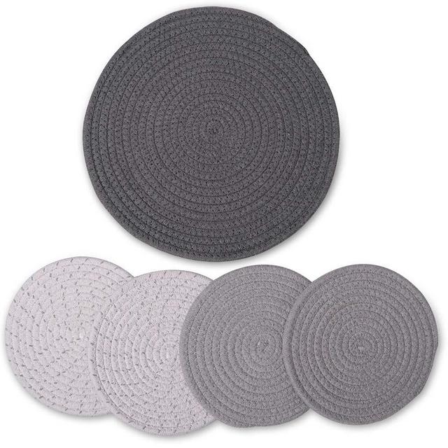 Humbson Potholders Set, Trivets Set Pot Holders for Hot Pots and Pans 100% Cotton Thread Weave 5 Pcs Pads Table Mats Stylish Coasters for Cooking and Baking (1x 11.8inch + 4X 7inch) (Grey, M)