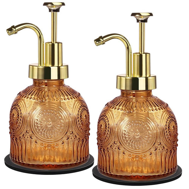 Amolliar 8 Oz Vintage Glass Bathroom Soap Dispensers with Pump, 2 Pack Refillable Kitchen Dish Soap Dispenser with Stripe, Antique Rustic Hand Soap Liquid Bottle (Brown-Golden Pump)