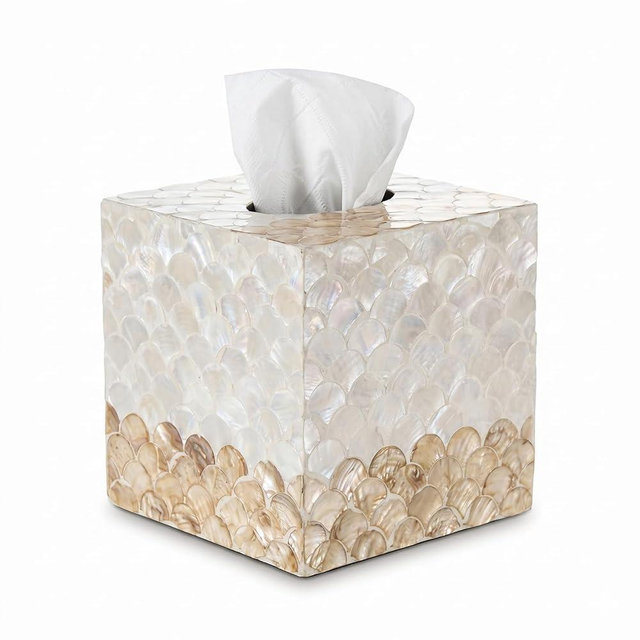 Coeusy Tissue Box Cover, Boho Decoraive Tissue Box Holder with Capiz Shell, Handmade Tissues Cube Box Cover for Bathroom Decor Accessories,Vanity,Bedroom or Office,Square(White and Golden Fish Scales)