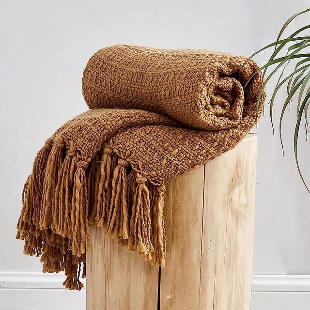 HORIMOTE HOME Thick Chunky Teddy Brown Knitted Throw Blanket for Couch Chair Sofa Bed, Chic Boho Style Textured Basket Weave Pattern Blanket with Decorative Fringe, 50"x60"