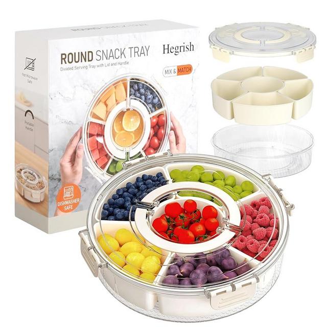 Divided Rotating Serving Tray with Lid and Handle,Portable Snackle Box Container,Spinner Organizer and Storage for Adults,Child,Fruits,Candy,Nuts,Veggie,Charcuterie,Snacks,Picnic,Road Travel Party