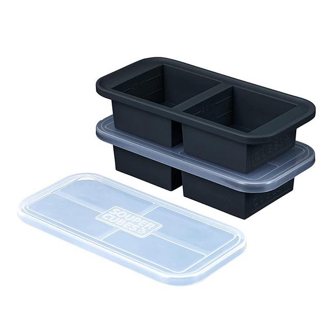 Souper Cubes 2-Cup Extra-Large Silicone Freezer Tray with lid- 2 pack - makes 4 perfect 2 cup portions - freeze soup, stew, sauce, or meals (2 Cup tray, Charcoal color, pack of 2, with lids)