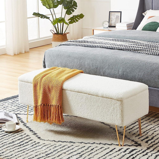 Cozy Castle Fuzzy Sherpa Upholstered Storage Bench, 43.3" Entryway Bench, Indoor Bench for Living Room/End of Bed, Gold Finished Pin Legs, White