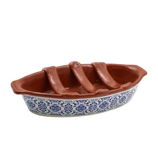 Portuguese Clay Terracotta Sausage Roaster with Blue Tile Design (9")
