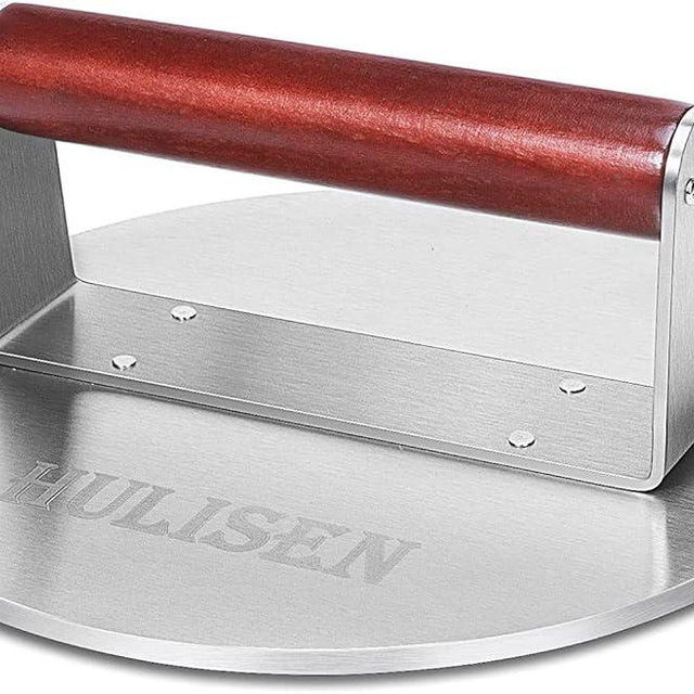 HULISEN Burger Press, Heavy Duty Bacon Press, Stainless Steel Grill Press, 8.5 Inch Smashed Burger Press, Round Burger Smasher with Wood Handle, Griddle BBQ Accessories for Hamburger Steak Weight Meat